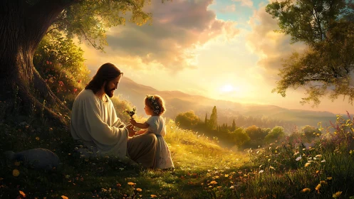 Sunlit meadow blessing with gentle teacher and child.