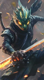 Fiery-eyed dragon warrior leaping forward with blazing sword.