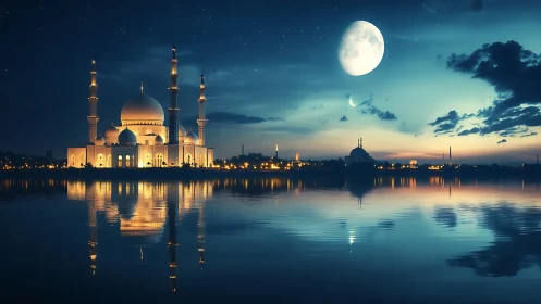 Moonlit lakeside mosque glowing under a tranquil sky.