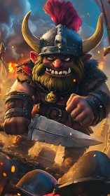 Armored horned warrior with large blade in battle zone.