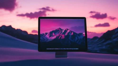 Ultrawide desktop monitor showing neon mountain landscape at dusk