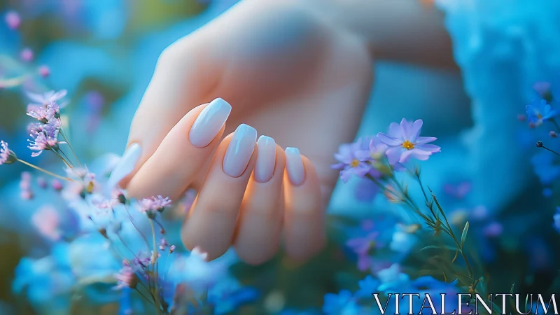 Manicured hand with pastel nails among small blue flowers.