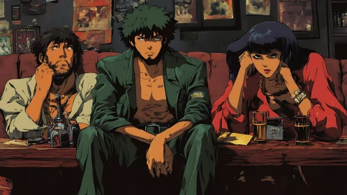 Trio of anime characters sit on worn sofa in dim bar interior
