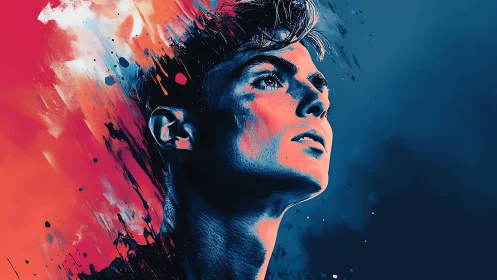 Hopeful portrait glowing in vibrant red and blue light.