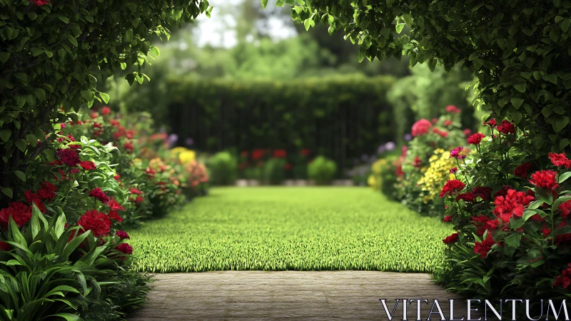 Verdant flower garden frames tranquil sunlit lawn view.