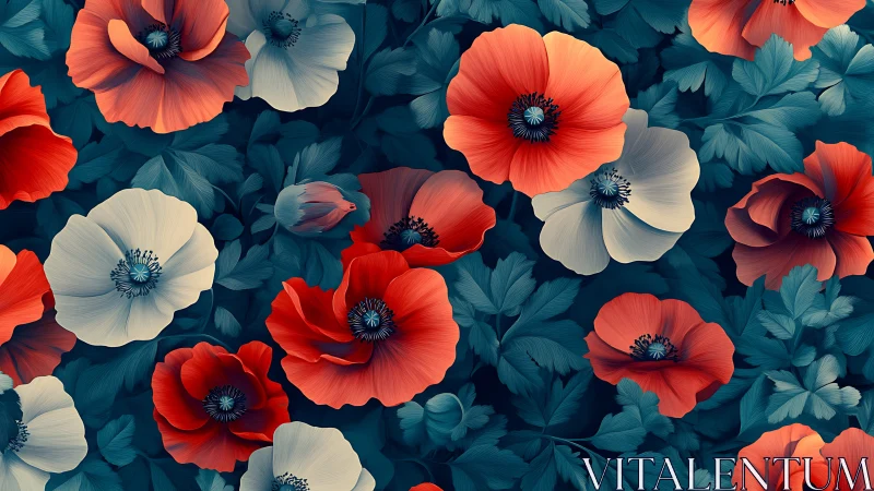 Vibrant Poppies and Cream Blooms Against Deep Teal.