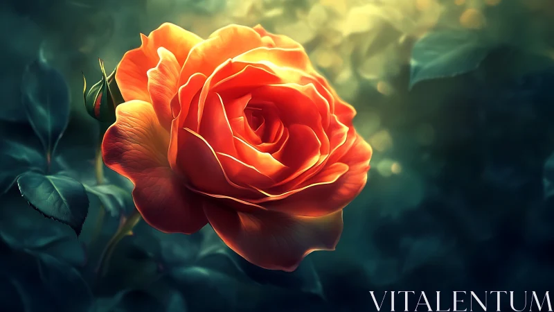 Red Rose with Glowing Petals Against Dark Blurred Background