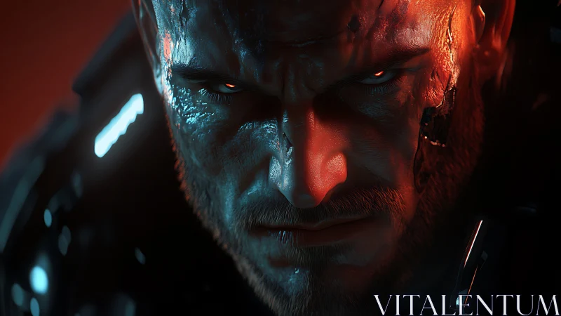Cybernetic soldier portrait under red teal rim lighting closeup