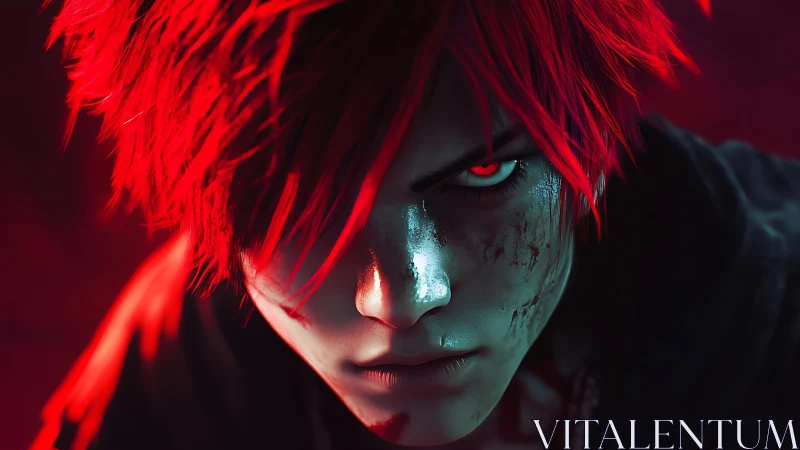 Fierce red haired warrior in glowing neon shadows.