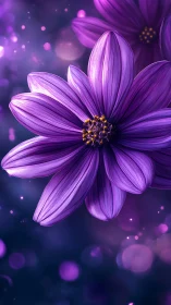 Luminescent Purple Cosmos Flower with Golden Stamen Detail.