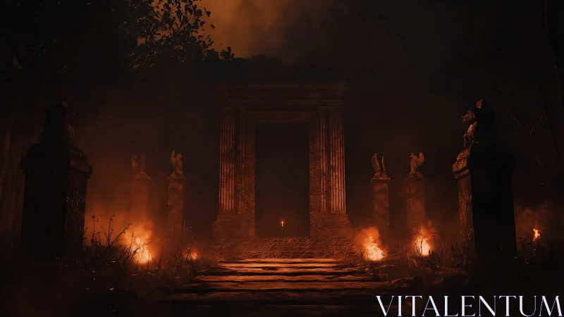 Stone gateway with torchlit statues stands in dense darkness