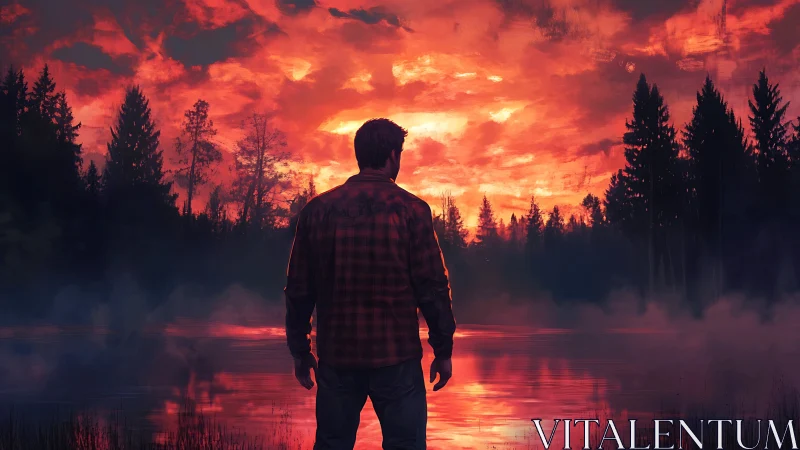 Fiery forest sunset welcomes a lone figure by the lake