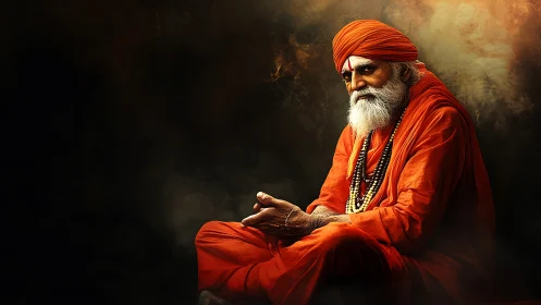 Elderly ascetic in orange robes rendered with dramatic chiaroscuro lighting