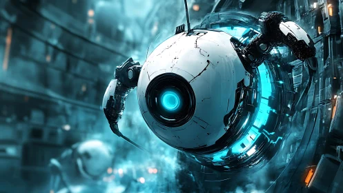 Curious floating robot orb exploring a glowing sci fi hub.