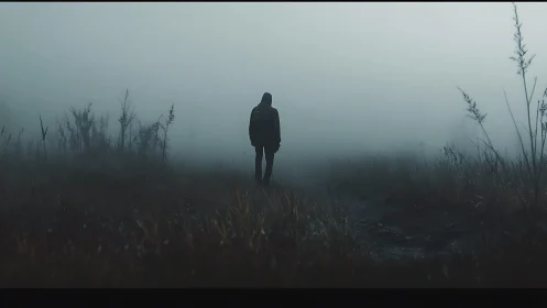 Lone hooded figure walks through dense foggy field at dawn