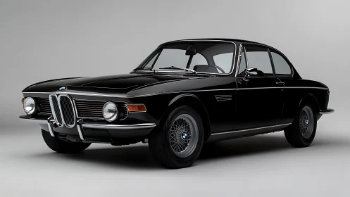 Sleek black vintage BMW coupe in studio side-front view.