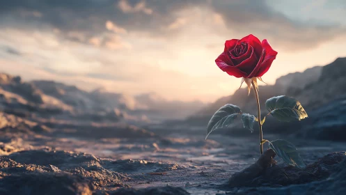 Single red rose on barren rocky ground at soft sunrise.