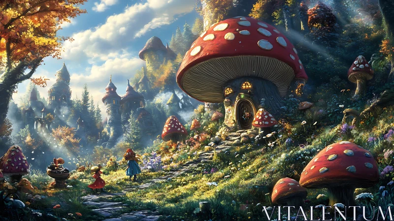 Fairytale mushroom village under golden forest light.
