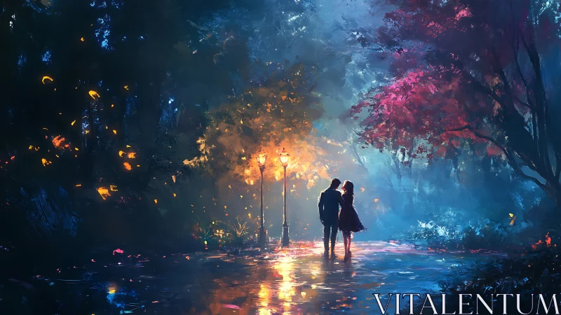 Two figures stand illuminated by street lamps in a colorful atmospheric pathway