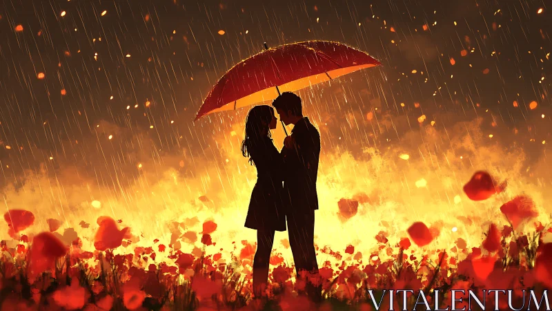Silhouetted Couple Under Red Umbrella in Fiery Bloom Field.