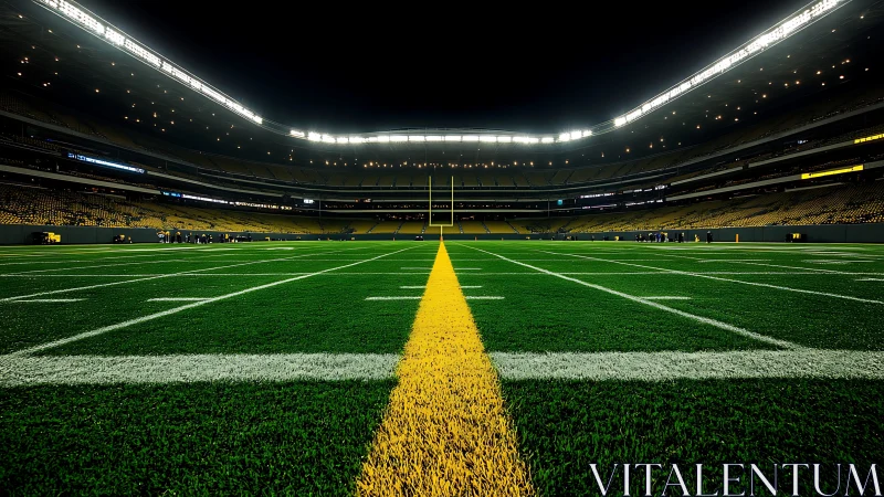 Symmetrical view of illuminated football stadium field at night.