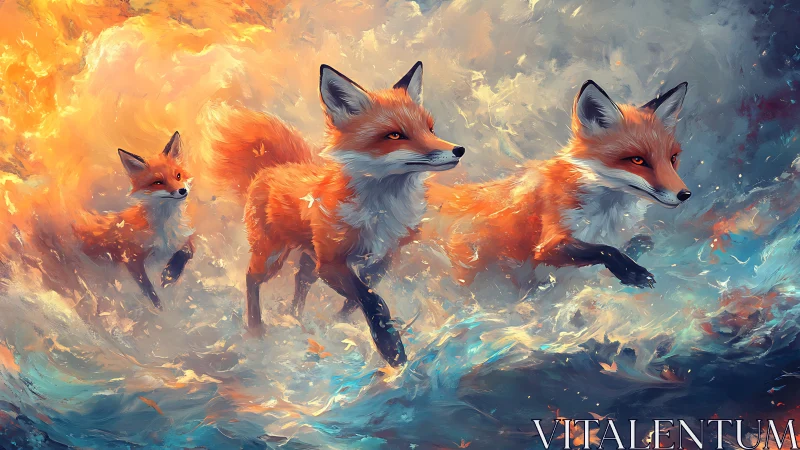 Fiery fox trio leaping through swirling elemental waves.