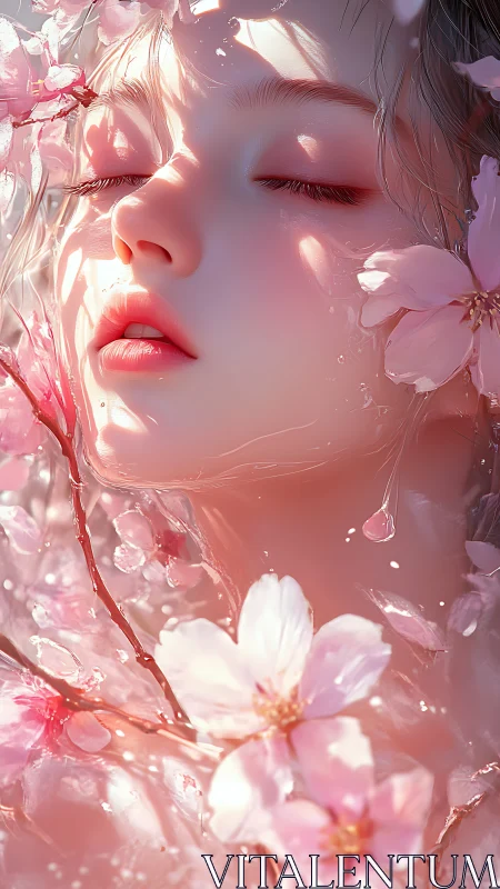 Dreamlike female portrait immersed in soft cherry blossoms.
