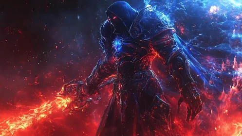 Hooded demon knight wields blazing sword in cosmic firestorm