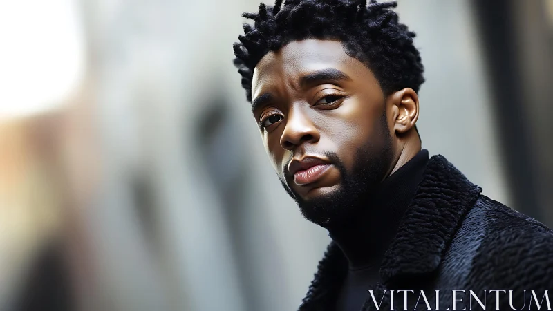 Close-up portrait of man in dark coat on city street.
