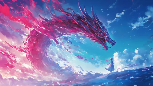 Girl confronts vast glowing sky dragon in vivid clouds.