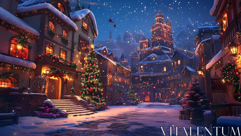 Snowlit Christmas village glows beneath a storybook sky.
