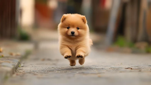 Tiny cinnamon comet pup soaring down a sunlit street.