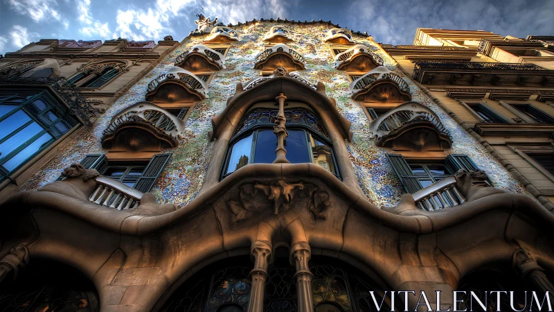 Ornate multistory façade with sculpted balconies and mosaics