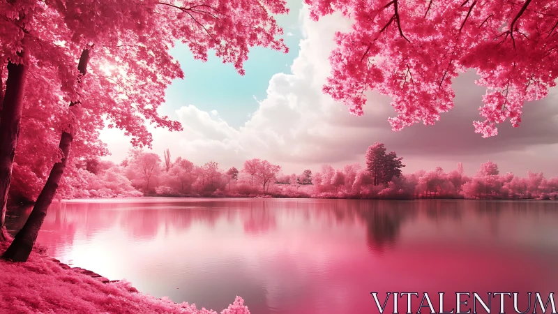 Pink infrared lakeside forest reflects in glassy still water