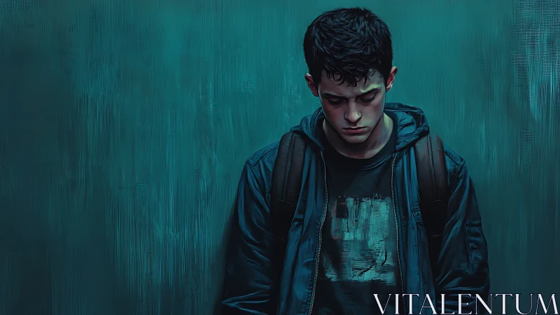 Teenage boy stands against teal wall, looking downward