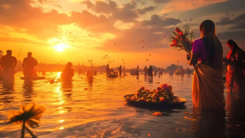Sunrise river ritual glows with saffron light and petals.
