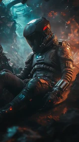 Armored astronaut resting in bi-chromatic alien wreckage.