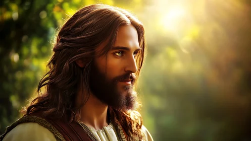 Serene bearded man gazes toward warm golden afternoon light