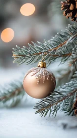 Golden Christmas bauble hangs over frosted fir branch.