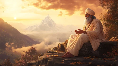 Mystic sage meditating at golden Himalayan sunset peak.