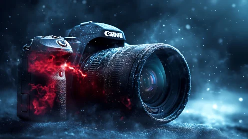 DSLR camera glows with red energy in frosty blue mist.