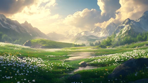 Mountain meadow with stream and distant snow peaks at dusk.