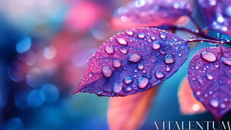 Iridescent raindrops shimmer on vivid purple leaves.