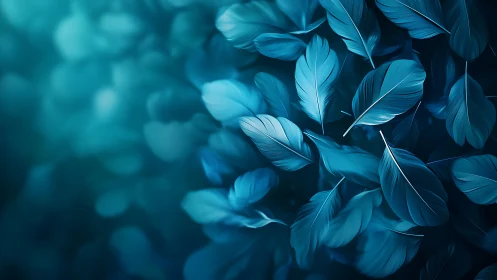 Floating teal feathers drift softly in a tranquil glow