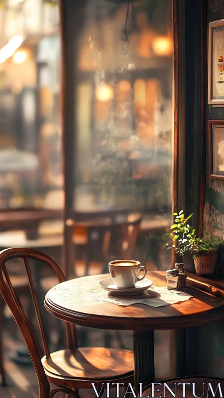 Sunlit caf&eacute; table with coffee cup by a foggy window.