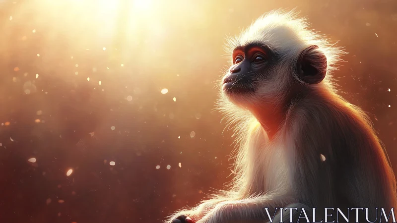 Young monkey in side profile under warm backlighting.