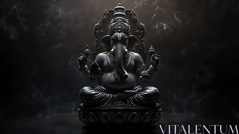 3D dark metal Ganesha idol in dramatic smoky light.