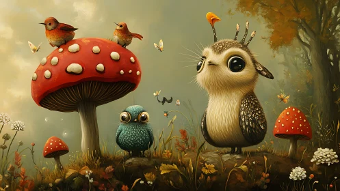 Whimsical woodland creatures among mushrooms, fantasy art style.