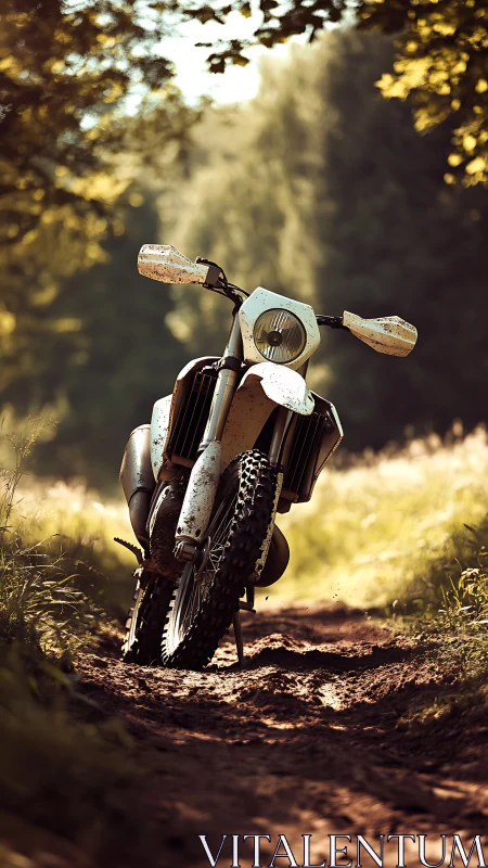 Off-road motorcycle stands on muddy forest trail in sunlight