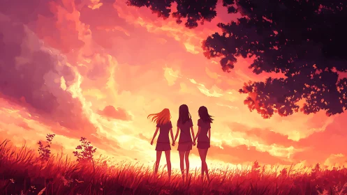 Three Friends Silhouetted at Sunset in Vibrant Anime Style.